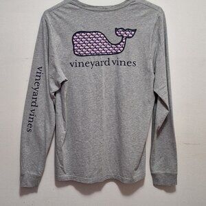 Vineyard Vines Classic Whale Long-Sleeve Pocket Tee, Grey Heather/Pink, Sz XL/18